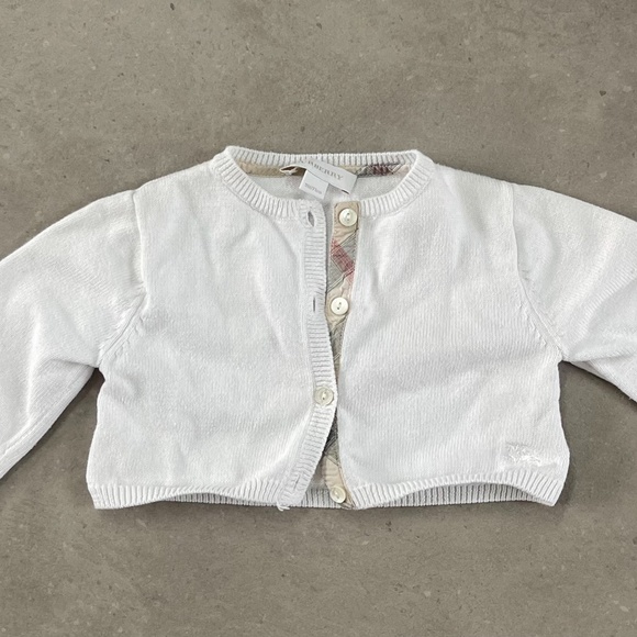 Burberry White Cardigan Sweater with Plaid Accent - Size 9 Months - Picture 1 of 1